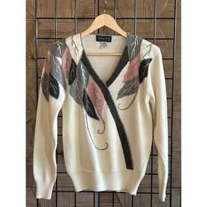 Vintage Dana Scott Sweater Sz Medium Cream Grey Embroidered Knit Jumper Retro